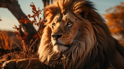 Fototapeta premium Majestic lion basking in the warm embrace of the savan. Generative AI
