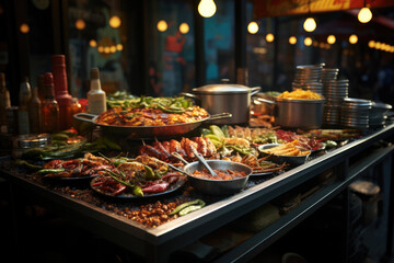 A street vendor selling international street food in a diverse urban neighborhood, showcasing the...