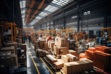 A busy distribution center with workers efficiently sorting and packing goods for shipment, showcasing the importance of streamlined logistics. Concept of efficient distribution. Generative Ai.