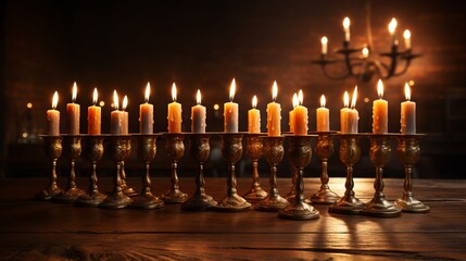 Menorah with candles on a table. Generative AI