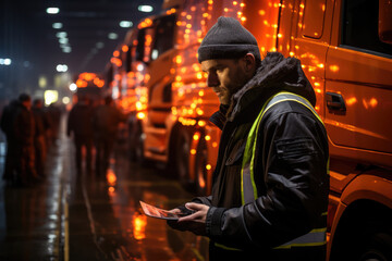 A truck driver inspecting the contents of their cargo before departure, highlighting the role of transport in supply chain management. Concept of cargo inspection. Generative Ai. - obrazy, fototapety, plakaty