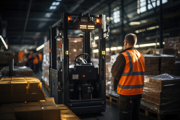 A distribution center worker using a forklift to move pallets of products, illustrating the importance of material handling equipment. Concept of efficient handling. Generative Ai.