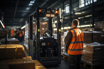 Fototapeta premium A distribution center worker using a forklift to move pallets of products, illustrating the importance of material handling equipment. Concept of efficient handling. Generative Ai.