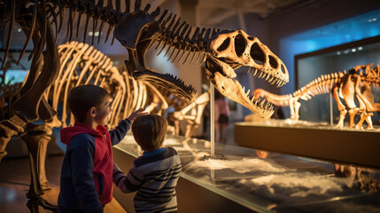 Fototapeta premium Generative AI, children, schoolchildren on an excursion to the prehistoric museum of paleontology looking at dinosaur skeletons, fossils, ancient lizards, education, architecture, boys, girls