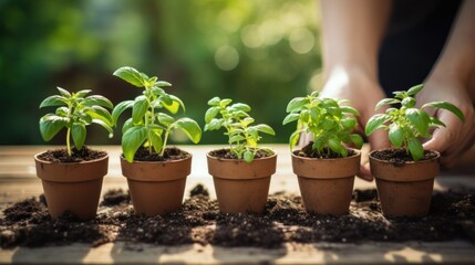 Small potted plants under sunlight.