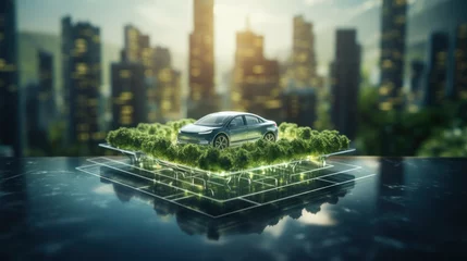 Fotobehang Electric car on a futuristic platform against a city backdrop. © Mustafa