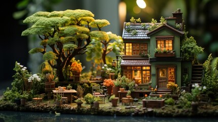 Fototapeta premium Detailed miniature of a traditional Japanese garden with a pagoda.