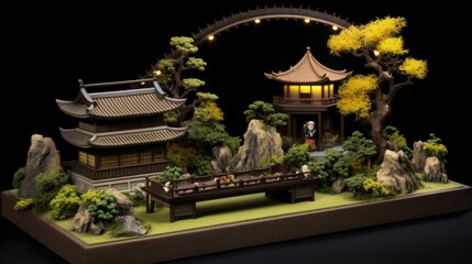 Intricate miniature of a Japanese temple with lush surroundings.