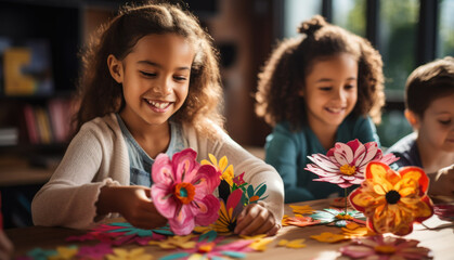 Cheerful schoolgirls making craft paper flowers and smiling. - obrazy, fototapety, plakaty