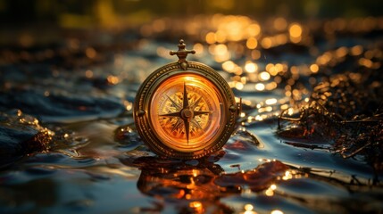 Vintage compass on a wet surface, reflecting its surroundings.