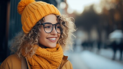 Young woman in glasses and a yellow beanie, smiling in a snowy environment.