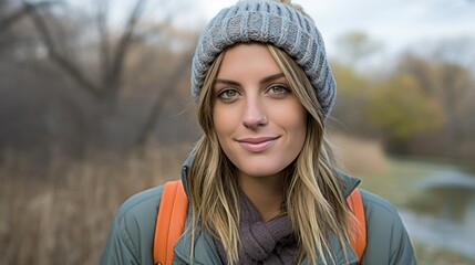 Portrait of a woman with blue-grey eyes, wearing a grey beanie.
