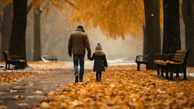 A father holding his child's hand walking in the park on an autumn day