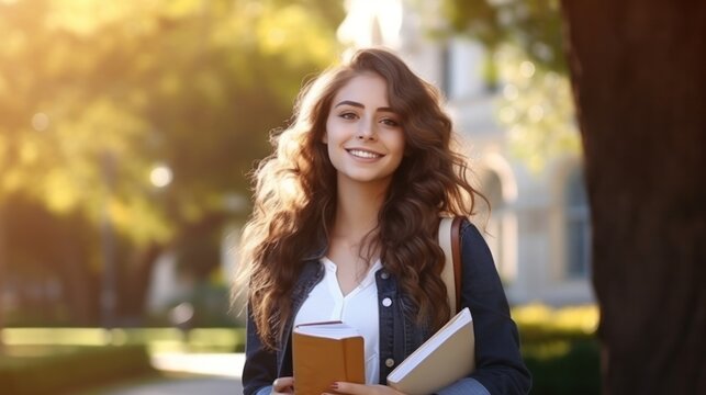 Beautiful student woman with backpack and books outdoor. Smile girl happy carrying a lot of book in college campus. Portrait female on international University. Education, study, school