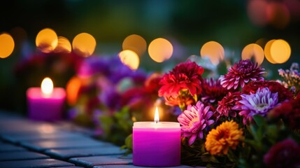 Folded warm knitwear with a candle, flowers, and blurred lights in the background.