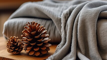 Neatly folded warm blankets and towels, with wooden accents and pinecones.