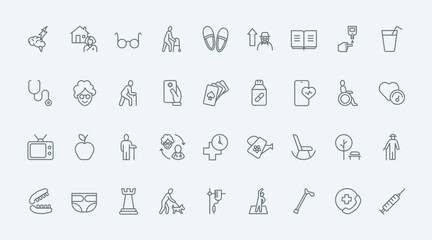 Elderly care thin line icons set vector illustration. Outline old age and gerontology symbols, senior mans and womans leisure, assistance services and help for elder people in hospital or home