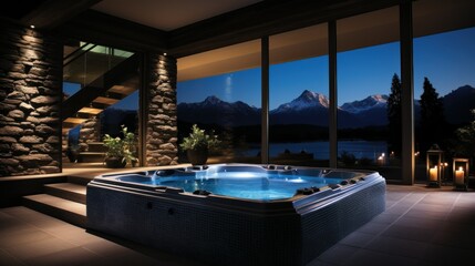 Luxury outdoor spa setting at night, showcasing a hot tub with ambient lighting. - obrazy, fototapety, plakaty