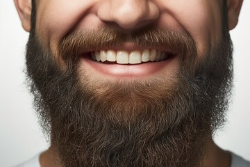 A smiling young man with a beard. Part of the face. Black beard and white teeth of a man. Portrait without eyes. Close-up.