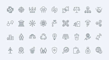ESG thin line icons set vector illustration. Outline pictograms of environmental, social criterias for corporate management, investment and organisation of company, financial care, safety and ethics - obrazy, fototapety, plakaty