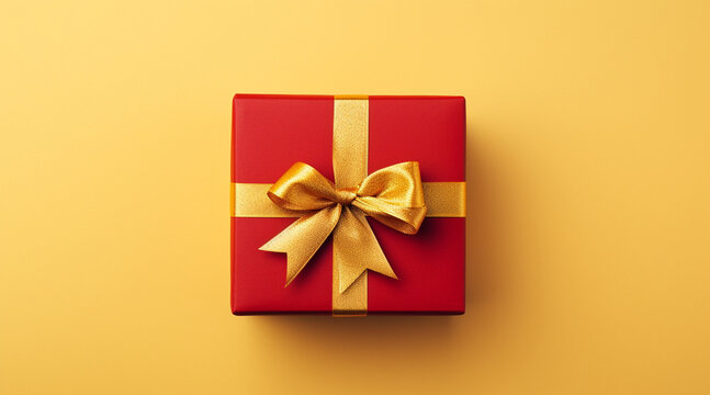 Christmas red gift, yellow ribbon, rectangle, aerial view, minimalist, close - up