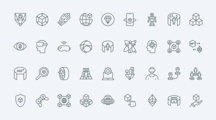 Metaverse thin line icons set vector illustration. Outline pictograms of VR glasses for virtual world simulation with 360 round view, innovation headset for video game, blockchain and NFT symbols