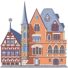 Fototapeta premium Color drawing of an old traditional old half-timbered and stone German house in Germany.
