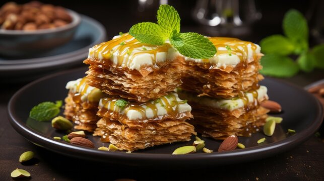 Pistachio baklava Close-up in Dark background. Generative AI