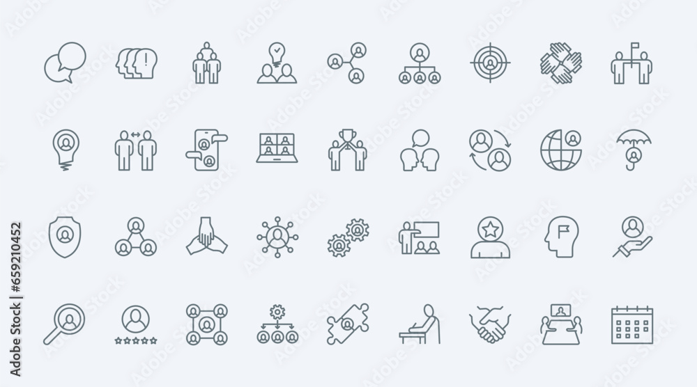 Poster teamwork thin line icons set vector illustration. outline black symbols collection of human resource