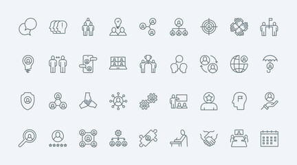 Teamwork thin line icons set vector illustration. Outline black symbols collection of human resources and community, team of people and social groups, work organization, leadership and partnership