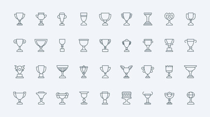 Trophy cups, award line icons set vector illustration. Abstract thin outline trophee symbols collection, reward for sports champions and winners in championship, goblet prize for football team