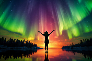 A woman practicing yoga under the aurora borealis. The magical, enigmatic night sky over a serene Earthly lake. Unlocking the mind and spirit. A concept for yoga, meditation, and the aurora.