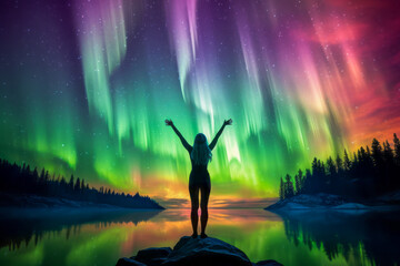 A woman practicing yoga under the aurora. A mesmerizing and mystical night sky by the lakeside on Earth. Freeing the mind and soul to grow. A concept for yoga, meditation, and auroras.
