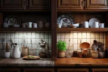Vintage kitchen with wooden furniture