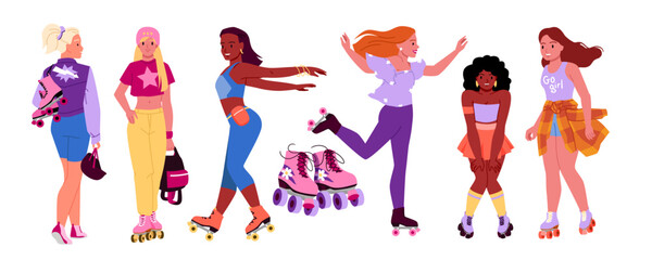 Girls in roller skates set vector illustration. Cartoon isolated rollerskating collection with female characters move with fun and dance, walking woman with skating shoes, pair of boots with wheels