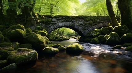 A picturesque stone bridge spanning a tranquil stream in the heart of a lush forest