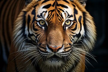 A majestic tiger's face in striking close-up against a dramatic black background