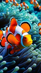 Fototapeta na wymiar A colorful clownfish swimming in an aquarium