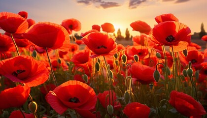 Fototapeta premium A vibrant field of red flowers with the sun setting in the background