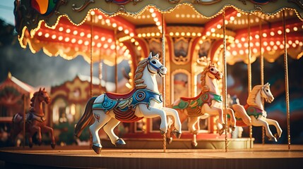 A colorful carousel with beautifully decorated horses spinning in circles