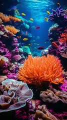 A vibrant coral reef with a striking orange sea anemone in its natural habitat