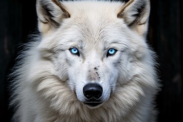A majestic white wolf with piercing blue eyes