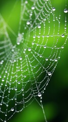 A glistening spider web on a vibrant green backdrop