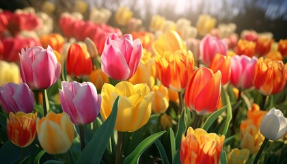 A vibrant field of tulips basking in the sunlight - obrazy, fototapety, plakaty