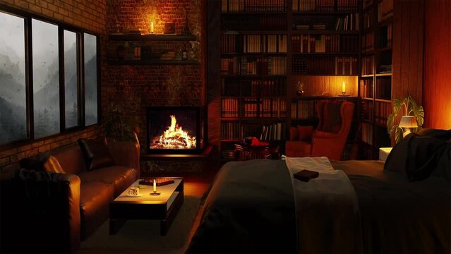 Rain with fireplace | cozy bedroom