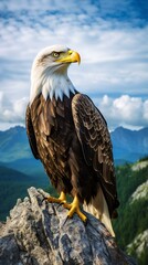A majestic bald eagle perched on a rugged rock in the wilderness