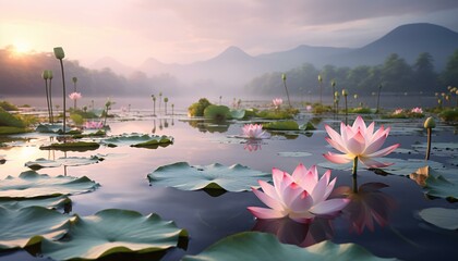 A vibrant pink water lily pond
