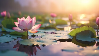 A serene lake with floating water lilies