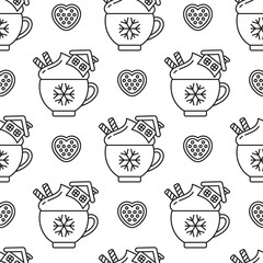 Christmas seamless outline pattern with mugs with coffee or hot chocolate and hearts. Winter background with cups with cocoa, whipped cream and gingerbread, vector cartoon illustration