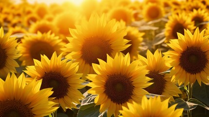 A sunflower field with radiant sunlight